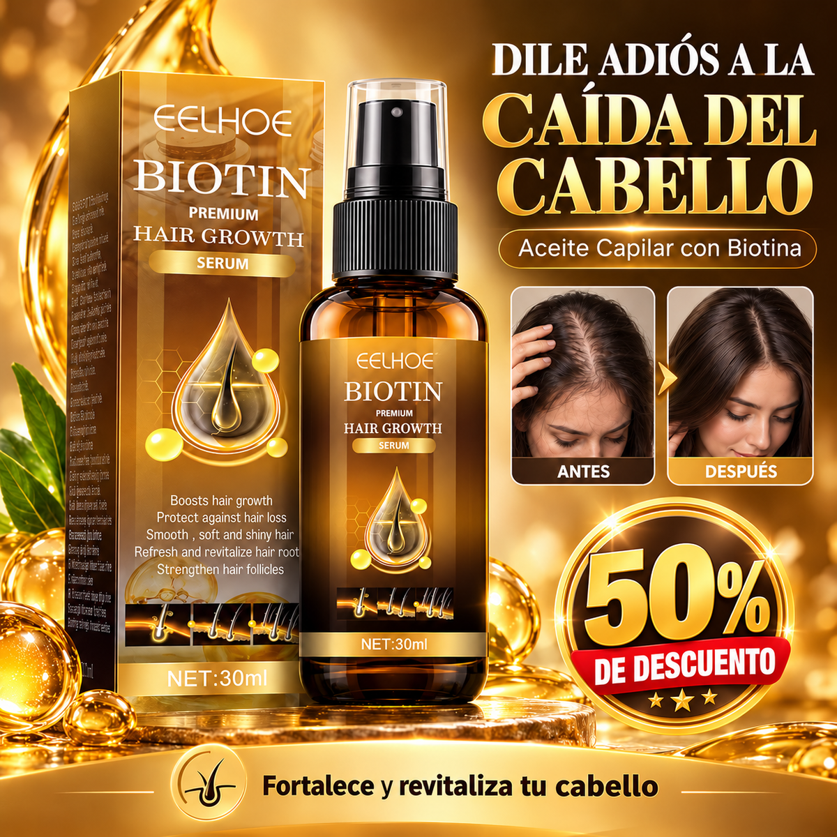 Aceite Capilar con Biotina Eelhoe de 30 ml - DILE ADIÓS A LA CAIDA DEL CABELLO 😲50% DE DESCUENTO😲