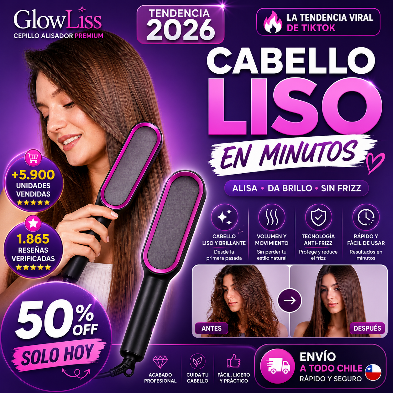 GlowLiss® - Cepillo Alisador Premium - Transforma tu Melena en Segundos😍