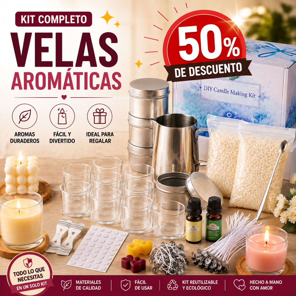 KIT COMPLETO PARA VELAS AROMATICAS 😲50% DE DESCUENTO😲