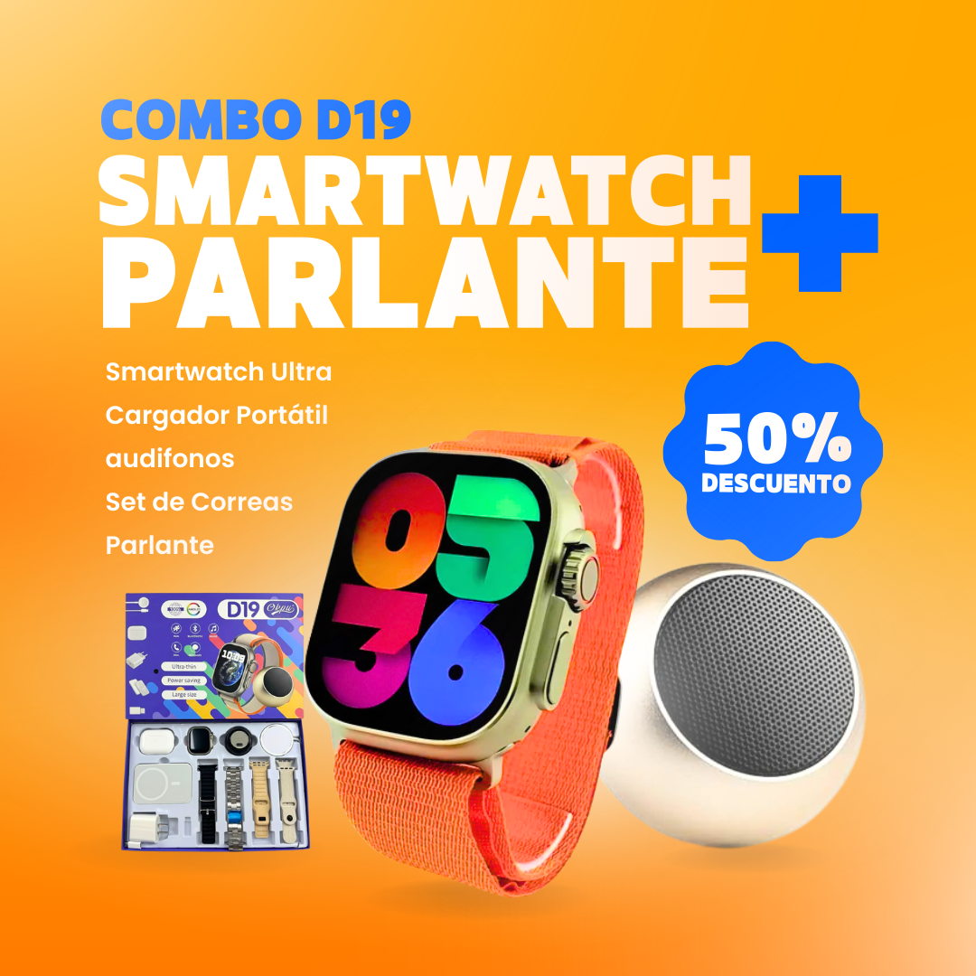 COMBO D19 con Parlante® - Smartwatch Ultra + Set de Correas + Parlante + Audífonos + Cargador Portátil 😱50% DE DESCUENTO😱