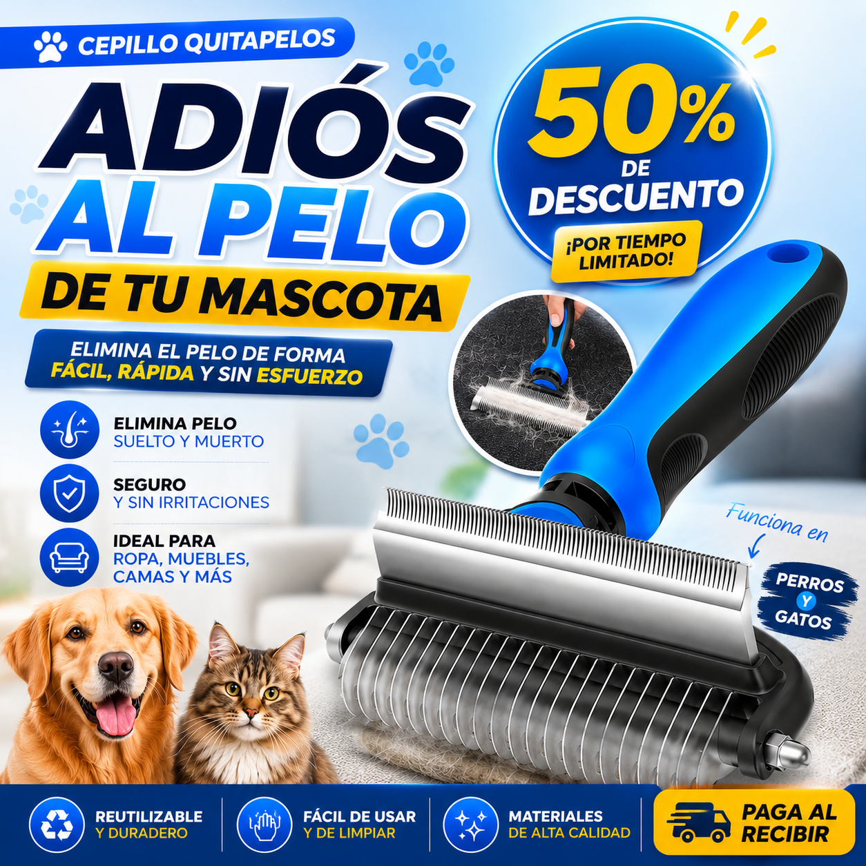 Cepillo de Doble Dentadura 🐶 ADIÓS AL PELO DE TU MASCOTA 😍50% DE DESCUENTO😍